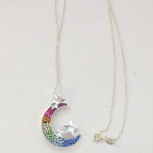 JCM Sterling 925 Multi Color Pave Rhinestone Moon Stars Pendant Necklace